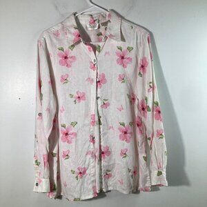 Womens Studio Works Linen‎ Floral Shirt Long Sleeve M White Pink Linen
